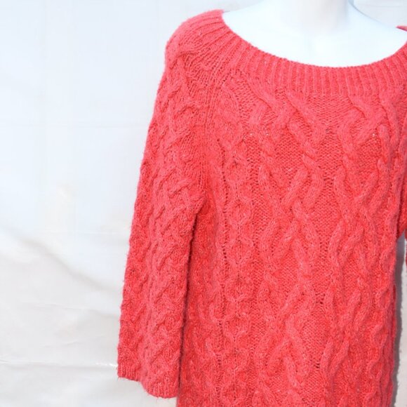 Loft Women’s All Over Chunky Knit Square Neck Coral Sweater, Size Small - Picture 7 of 11